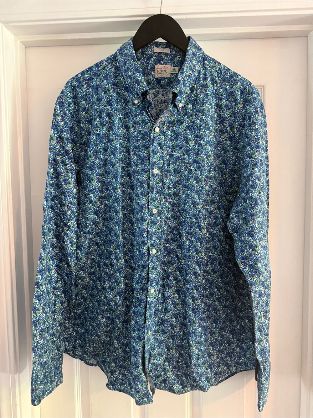 J. Crew Men's Blue and Green Micro Floral Button-Down Shirt
